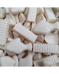 A bulk 3kg box of Hannahs fish and chips white chocolate wholesale sweets