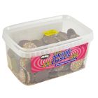 A wholesale tub of chocolate flavour sweets with a candy sprinkle topping