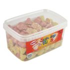 A wholesale tub of strawberry and cream flavour chocolate sweets in the shape of spinning tops with a sprinkle topping