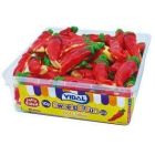 A wholesale tub of gummy chilli shaped sweets with a hot flavour and jelly gooey centre