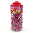 A wholesale jar full of Vidal strawbery lollipops with a bubblegum centre